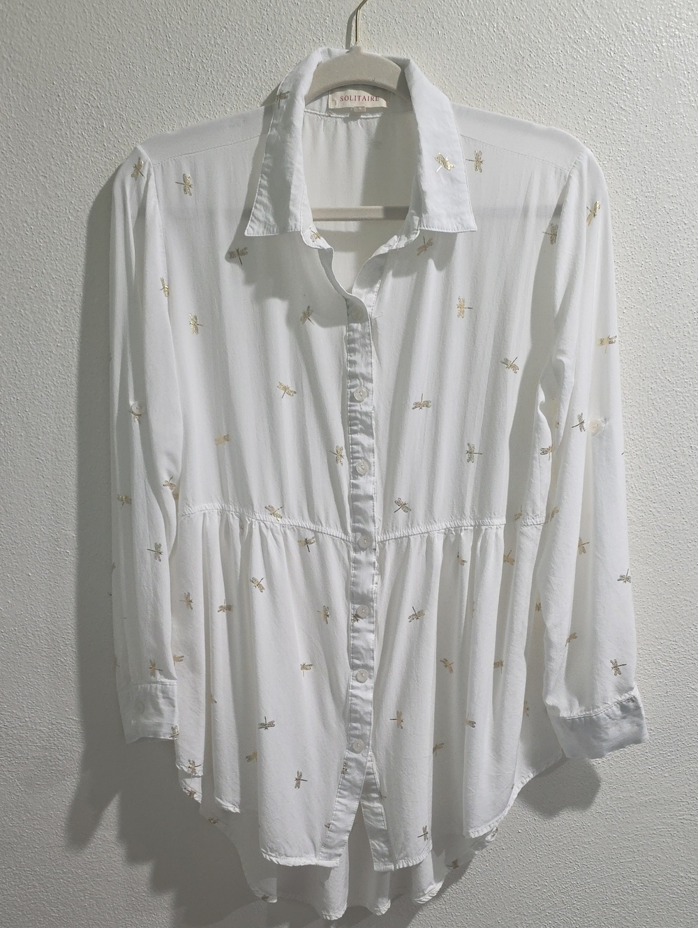 Solitaire Rayon Button Front Top With Gold Print Dragonflies